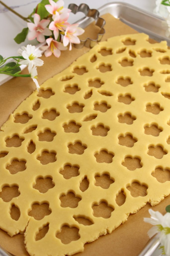 Un-colored dough rolled out with flowers and leaves punched out