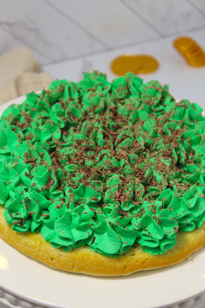 whipped cream dyed green piped onto the first layer of cake with chocolate shavings on top