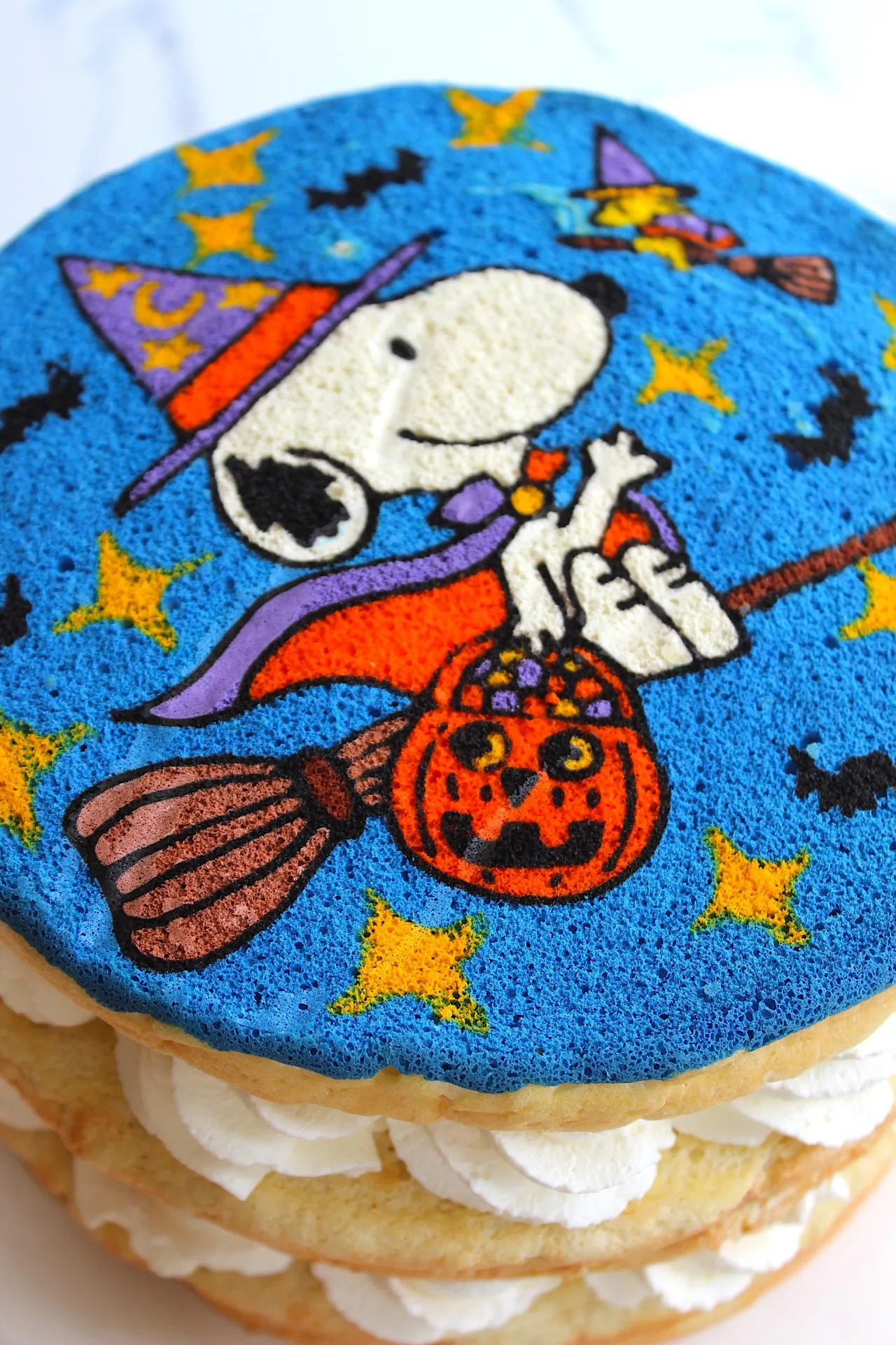 A cake featuring an image of a cartoon dog in a witch costume riding a broomstick with a pumpkin basket, set against a blue background with yellow stars and black bats. The cake has layers of cream and sponge visible on the sides.
