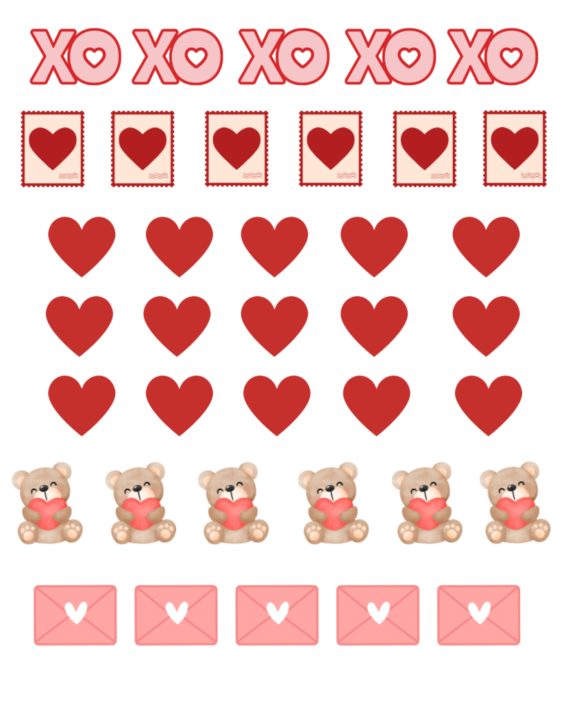 A pattern of love-themed icons featuring red "XO" and heart stamps, rows of red hearts, teddy bears holding hearts, and pink envelopes with white hearts.