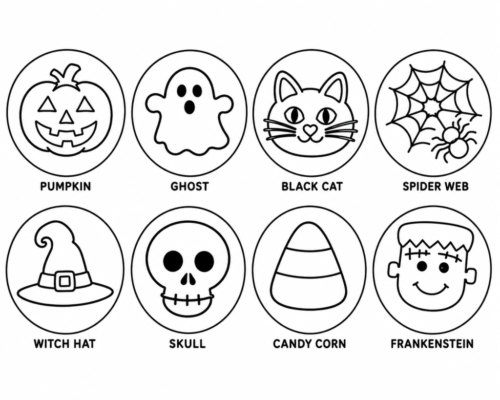 Eight Halloween icons: pumpkin, ghost, black cat, spider web, witch hat, skull, candy corn, and Frankenstein, each labeled and drawn in black outlines inside circles.